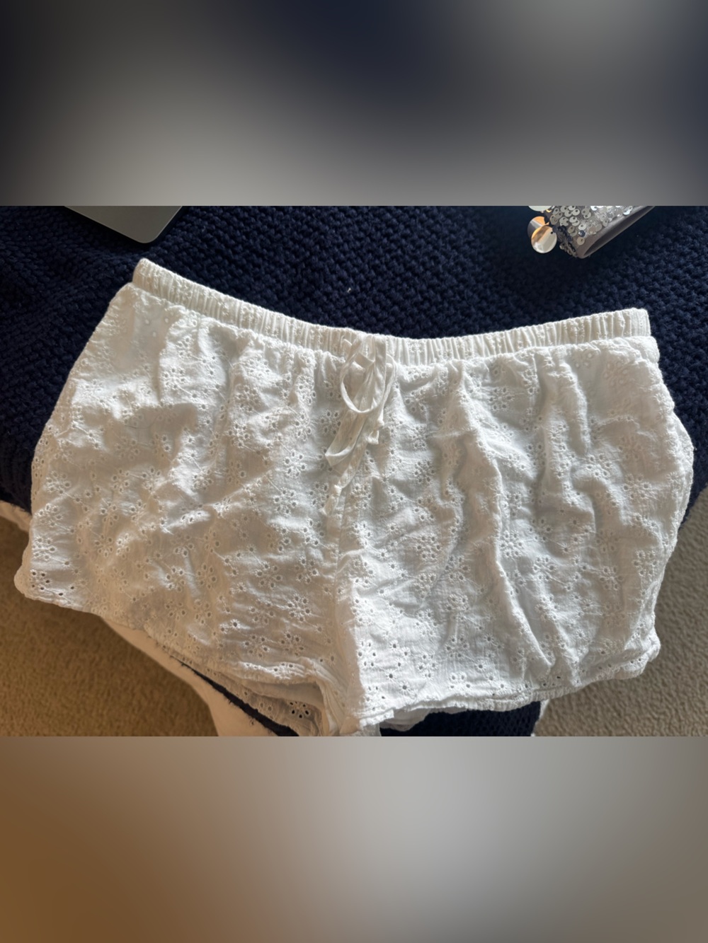 Women’s White Eyelet Sleep Shorts - Elastic Waist with Drawstring